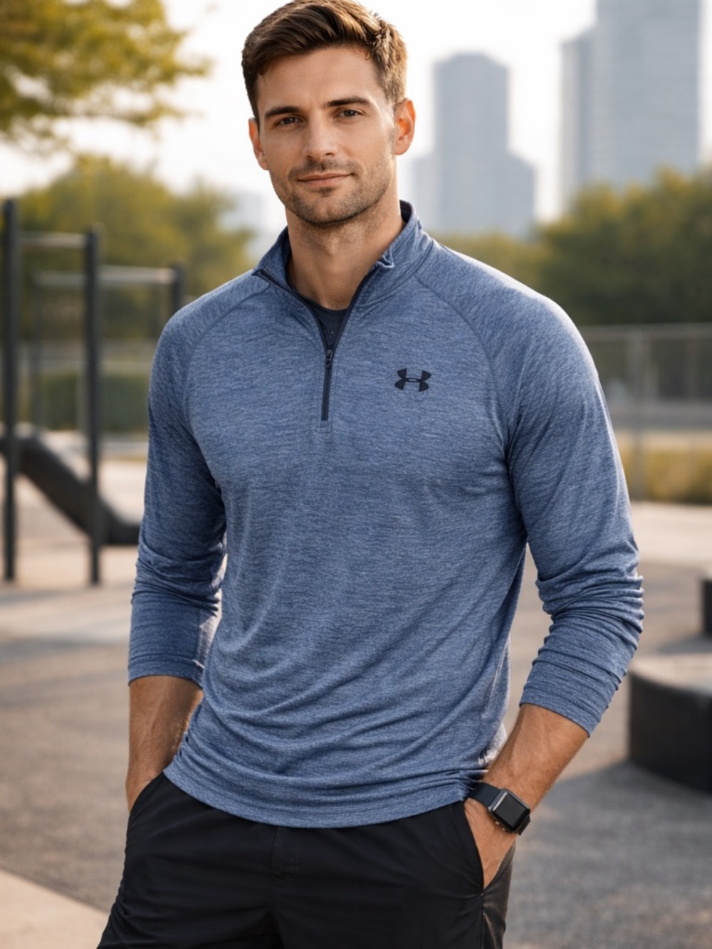 Under Armour HeatGear Mens M Blue Quarter Zip Pullover Lightweight Athletic EUC!